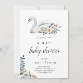 Boho Svan Dusty Blue Beige Flowers Baby Shower Inbjudningar