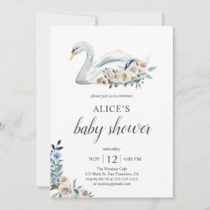 Boho Svan Dusty Blue Beige Flowers Baby Shower Inbjudningar
