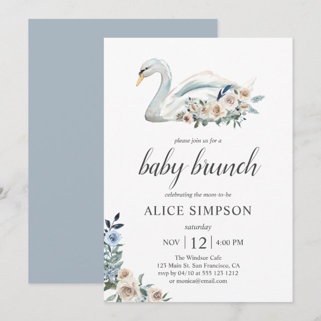 Boho Svan Dusty Blue Beige Flowers Baby Shower Inbjudningar (Fram/baksida)