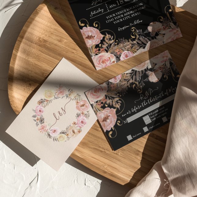 Boho Svart Blommig Rosa Roséguld RSVP-svar OSA Kort (Skapare uppladdad)