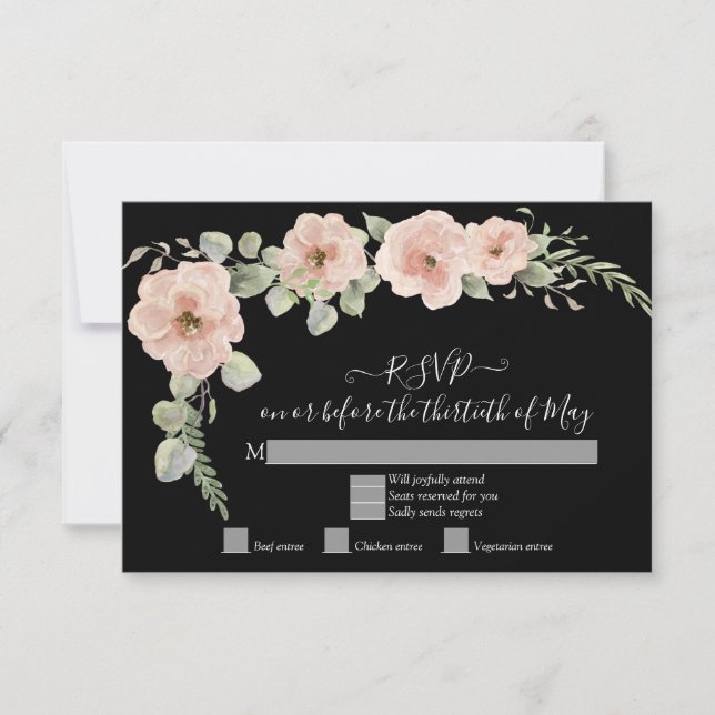 Boho Svart Blommig Rosabruden Rosa RSVP-svar OSA Kort (Framsida)