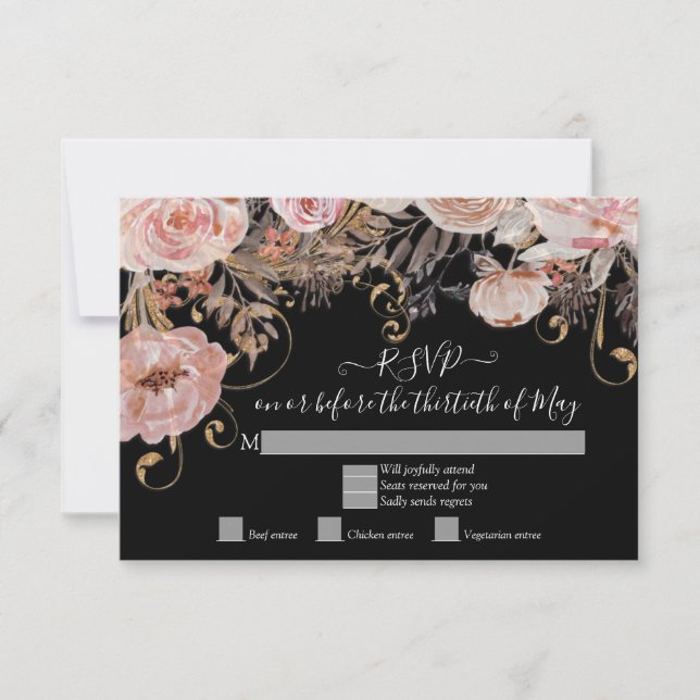 Boho svart blomster rosa roséguld RSVP anpassad ba OSA Kort (Framsida)