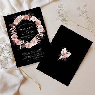 Boho Svart Dammrosa Torkade Blommor Krans Bröllop Inbjudningar
