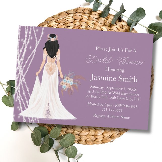 Boho svart hår brud med pärlor Bröllopsdusch P Inbjudningar (Skapare uppladdad)