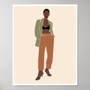 Boho Svart Kvinna Olivgrön Blazer Mode Konst Poster