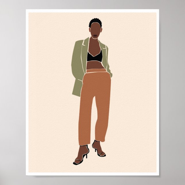 Boho Svart Kvinna Olivgrön Blazer Mode Konst Poster (Framsidan)