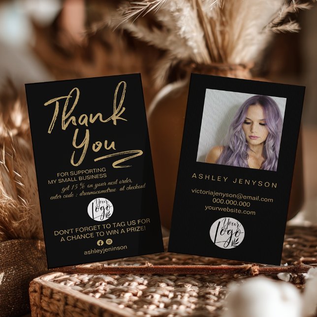 Boho Svart och Guld Script Foto Tack Logo Visitkort (Boho Black and Gold Script Photo Thank You Logo Business Card)