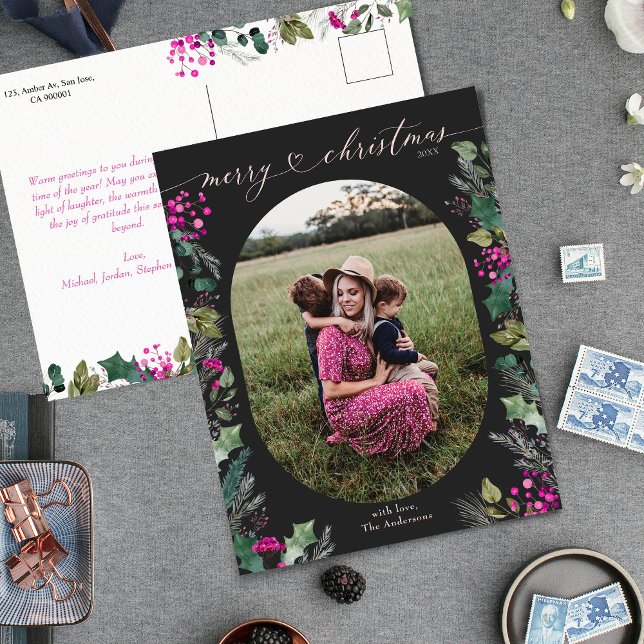 Boho svart & rosa elegant julkort helg vykort (Skapare uppladdad)