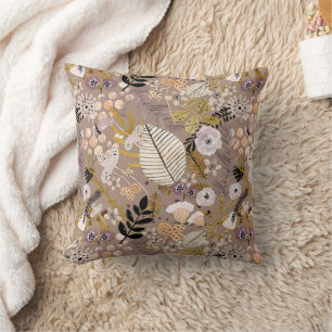 Boho svart vit guld persika linje ritad blad blomm kudde