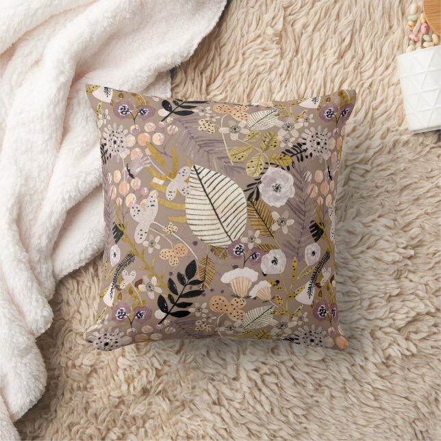 Boho svart vit guld persika linje ritad blad blomm kudde (Filt)