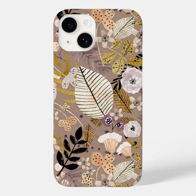 Boho Svart Vitt Guld Persika Linje Ritad Blad Blom (Baksida)