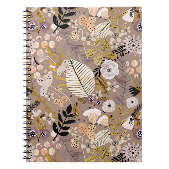 Boho Svart Vitt Guld Persika Linje Ritad Blad Blom Anteckningsbok (Framsidan)