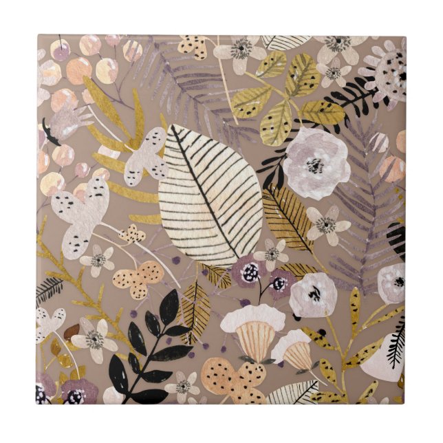 Boho Svart Vitt Guld Persika Linje Ritad Blad Blom Kakelplatta (Framsidan)