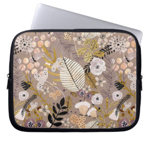 Boho Svart Vitt Guld Persika Linje Ritad Blad Blom Laptop Fodral