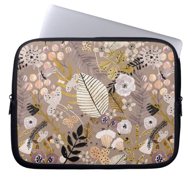 Boho Svart Vitt Guld Persika Linje Ritad Blad Blom Laptop Fodral (Framsidan)