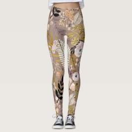Boho Svart Vitt Guld Persika Linje Ritad Blad Blom Leggings