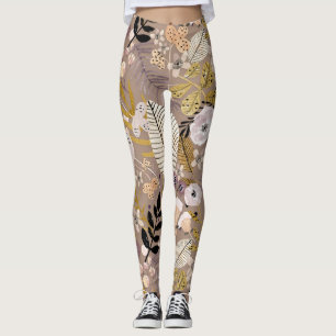 Boho Svart Vitt Guld Persika Linje Ritad Blad Blom Leggings