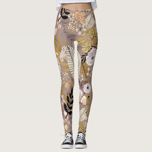 Boho Svart Vitt Guld Persika Linje Ritad Blad Blom Leggings (Framsida)