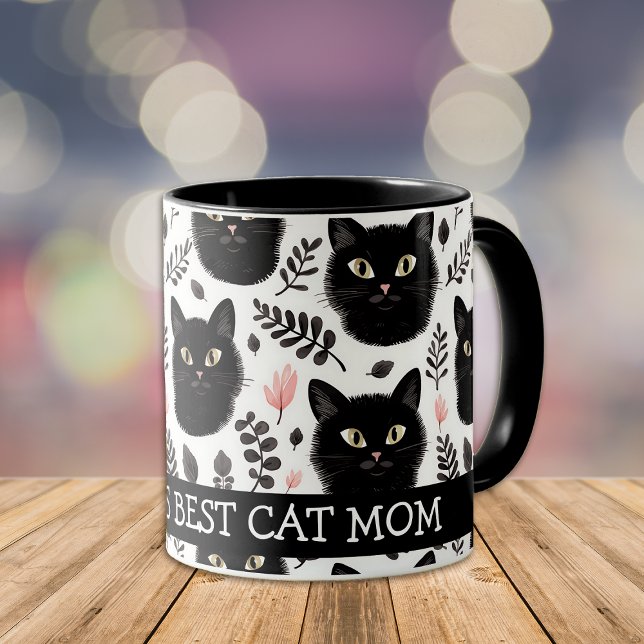Boho svarta katter och blad kattmamma mugg (Skapare uppladdad)
