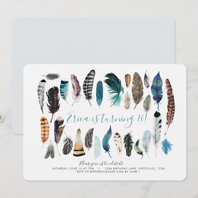 Boho Sweet 16 Feather Birthday-inbjudan Inbjudningar (Fram/baksida)