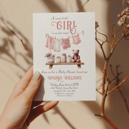 Boho Sweet Girl Rosa Clothesline Baby Shower Inbjudningar