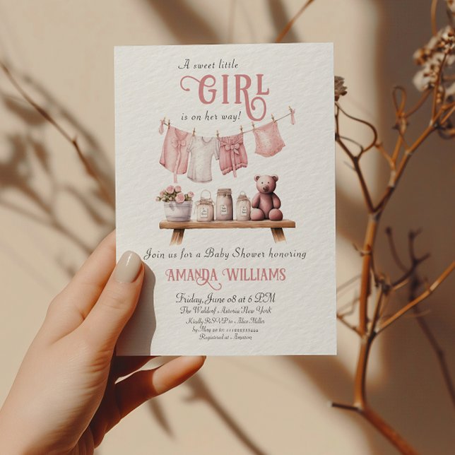 Boho Sweet Girl Rosa Clothesline Baby Shower Inbjudningar (Skapare uppladdad)