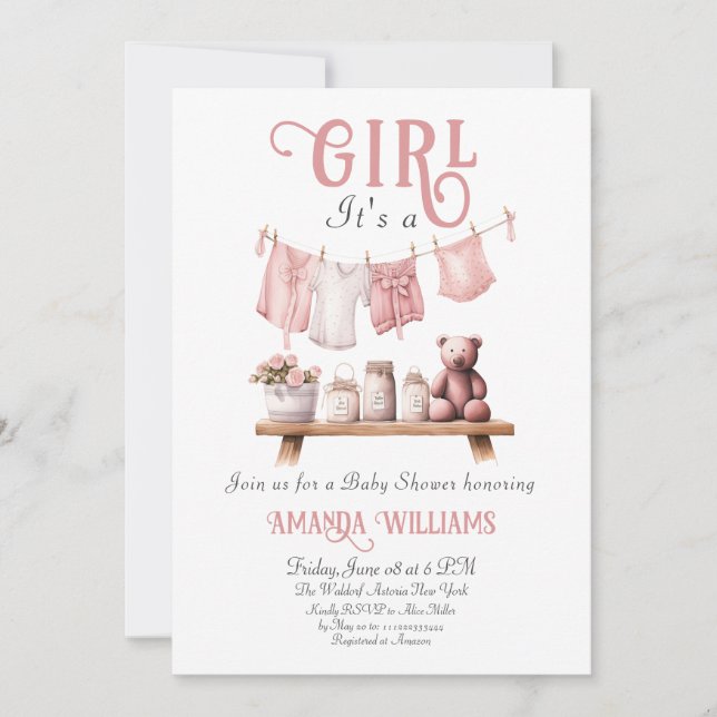 Boho Sweet its a Girl Rosa Clothesline Baby Shower Inbjudningar (Framsida)