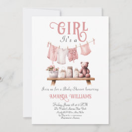Boho Sweet its a Girl Rosa Clothesline Baby Shower Inbjudningar