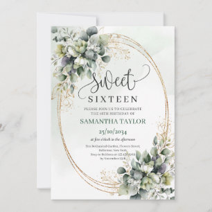 Boho Sweet Sixteen Grönska Guld Vattenfärg Inbjuda Inbjudningar