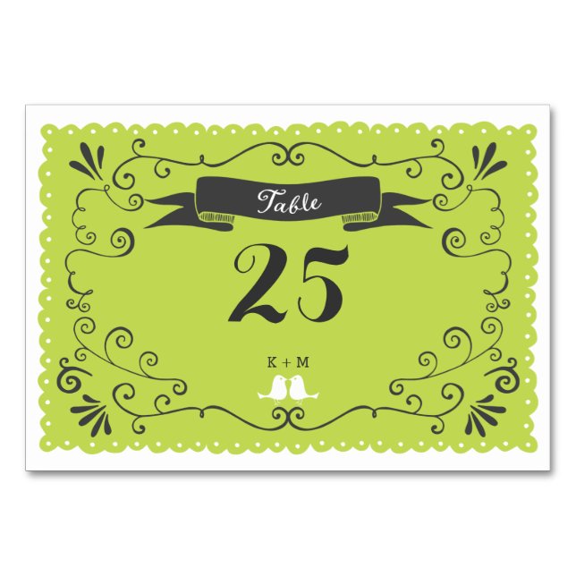 Boho Swirls, Curls, a Banner & Lovebird Bröllop Bordsnummer (Framsidan)