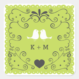 Boho Swirls, Curls, a Banner & Lovebird Bröllop Fyrkantigt Klistermärke