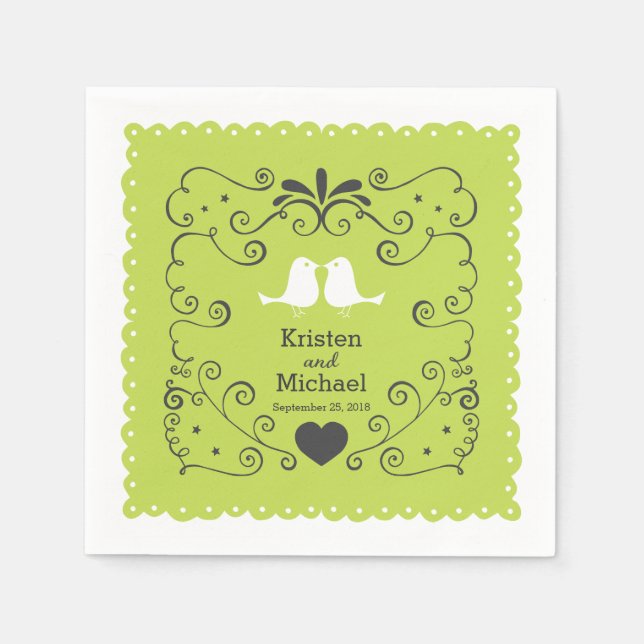 Boho Swirls, Curls, a Banner & Lovebird Bröllop Pappersservett (Framsidan)