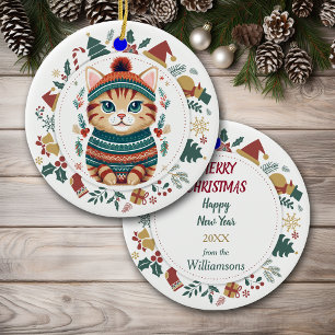 Boho Tabby katt i Vintersöt jul Julgransprydnad Keramik