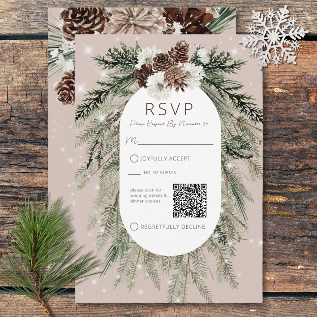Boho Tan Gräs Winter-Gnistran QR-kod OSA Kort (Boho Tan Pine Winter Sparkle QR Code RSVP Card)