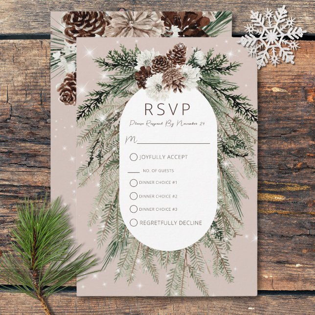 Boho Tan Gräs Winter-Gnistran tre middagar OSA Kort (Boho Tan Pine Winter Sparkle Three Dinner RSVP Card)