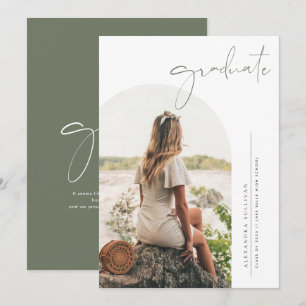 Boho Taupe Grön Minimalistisk Båge Foto Examen Inbjudningar