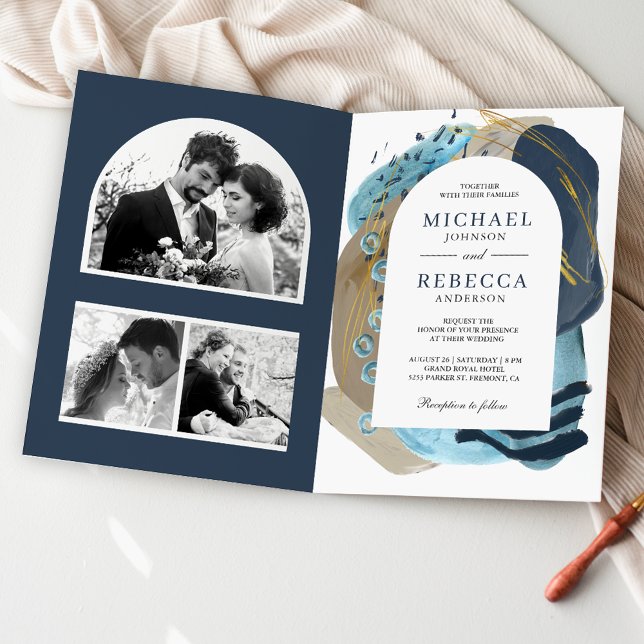 Boho Taupe Navyblå Penseldrag QR-kod Bröllop Inbjudan (Skapare uppladdad)