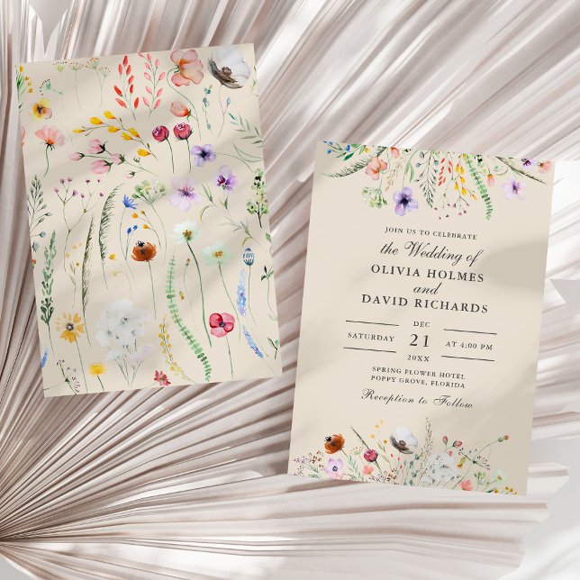 Boho Taupe Vildblommeäng Bröllop Inbjudningar (Boho Taupe Wildflower Meadow Wedding Invitation on a sunny neutral dry palm leaf.)