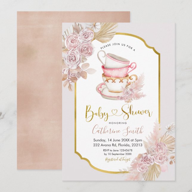 Boho Tea Party Baby Shower-inbjudan Inbjudningar (Fram/baksida)