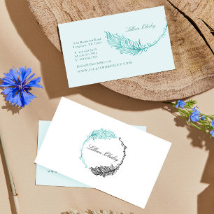 Boho Teal Akvarell Blommig Fjäder Hjälmtecken Kran Visitkort