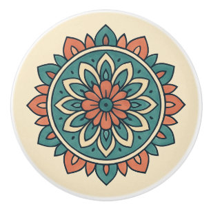 Boho Teal and Warm Coral Modern Mandala Folk Art Knopp