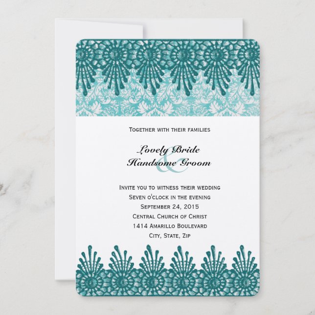 Boho Teal Blå Damask Bröllopsinbjudan Inbjudningar (Framsida)