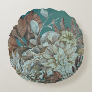 Boho Teal Blommigt Distress Rund Kudde