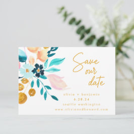 Boho Teal Blue Blommigt Hand Pavisserligen Målanti Spara Datumet