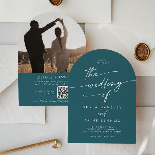 Boho Teal Blue Photo QR Code Arch Bröllop Inbjudningar