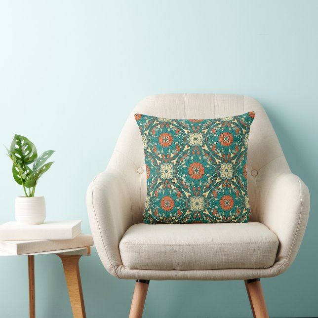 Boho Teal & Bränd Orange Mandala Blommig Kudde (Stol)