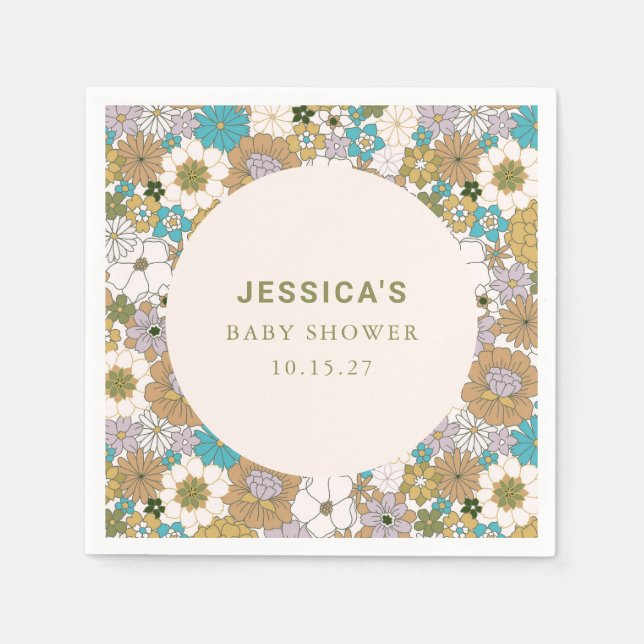 Boho Teal Brown Blommigt Cute Baby Shower Anpassni Pappersservett (Framsidan)
