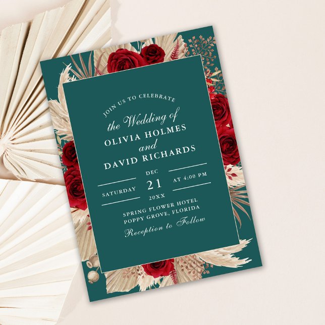 Boho Teal Burgunderröda Rosor Bröllopsinbjudan Inbjudningar (Dark teal and burgundy wedding invitation on neutral palm leaves)