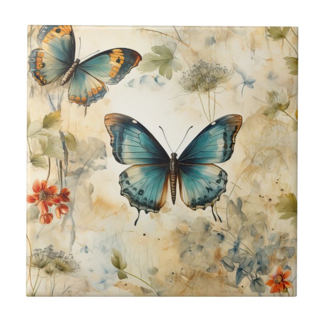 Boho Teal Fjäril Botanisk Trädgårdsutskrift Kakelplatta (Framsidan)