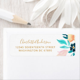 Boho Teal Guld Watercolor Flowers Returadress Returadress Etikett